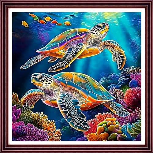 Image of Redxing Stamped Cross Stitch Kits Full Range of Embroidery Starter Kits- Needlepoint Counted Cross Stitch Kits for Beginner Adults 11CT Printed Embroidery Kit-Rainbow Turtle Coral 18x18 inch