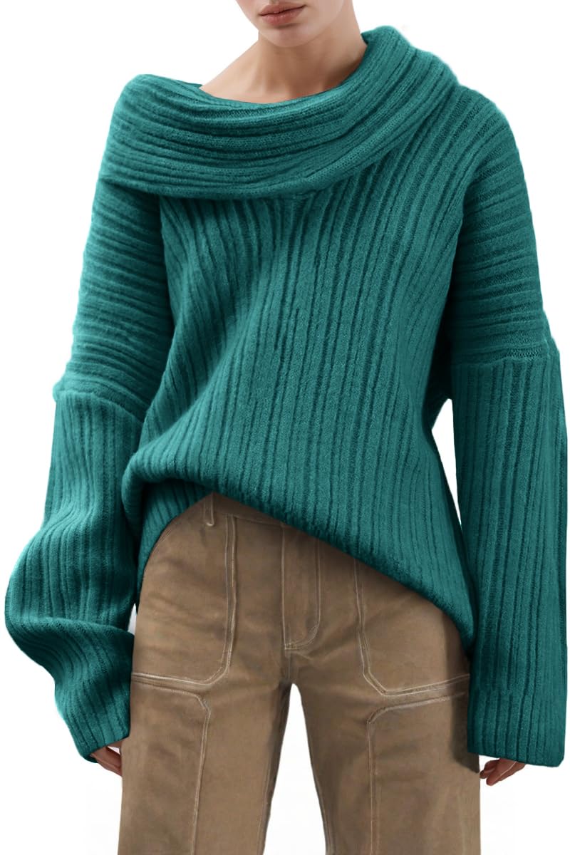 UNCLECAT Womens Cowl Neck Sweater 2025 Trendy Oversized Fall Sweater Boat Neck Knit Tops