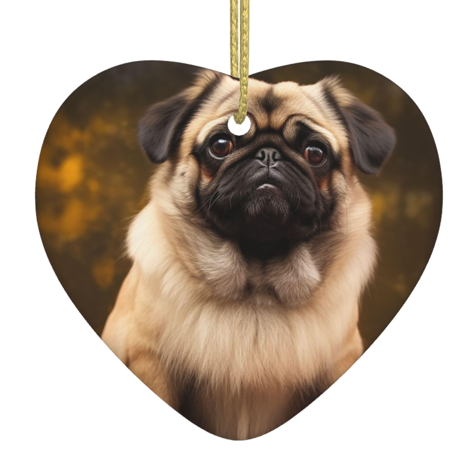 Ceramic Christmas Tree Hanging Ornaments with Gold Ropes Christmas Tree Decorations Heart Ceramic Pug Dog Pendant Keepsake Decorations for Holiday Xmas Gift Ideas