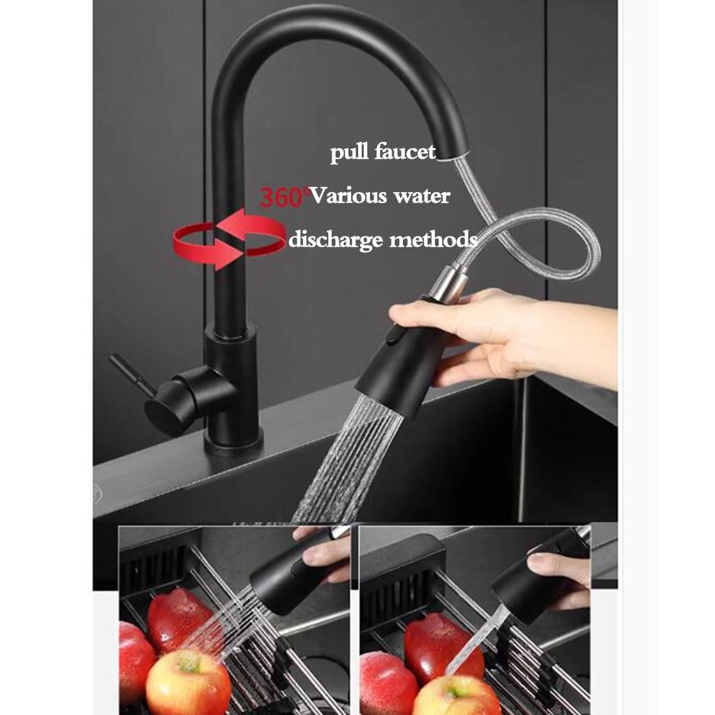 Lavello da cucina a vasca singola in acciaio inox, lavello da cucina sottopiano e sopra il bancone, lavabo a sifone con rubinetto estraibile, in acciaio nero, 60 x 45 cm