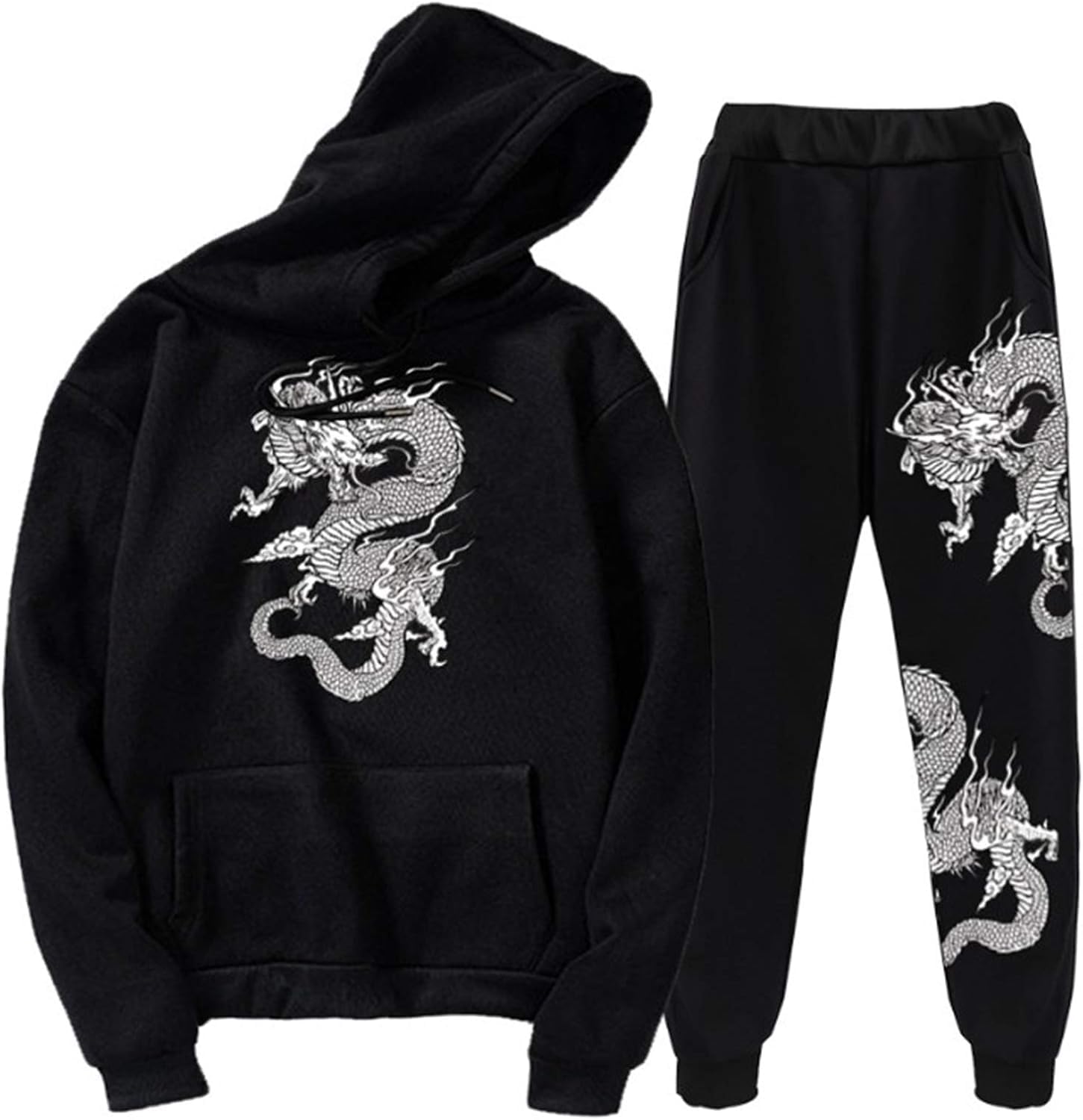 Dsaoteng Unisex Black 2 Chinese Dragon Print Tracksuit Set Dragon Hoodies Sweatshirt & Jogger Pants Two Piece Set (Xxl,)