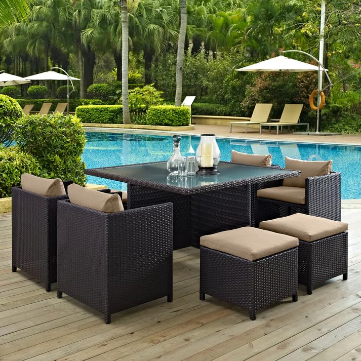 DEVOKO 7-Piece Outdoor Rattan Wicker Dining Set for Terrace & Garden, Poolside Powder Coated Iron Dark Brown & Beige Cushioned Chairs, Ottoman & Table (Table Top: Without Glass)