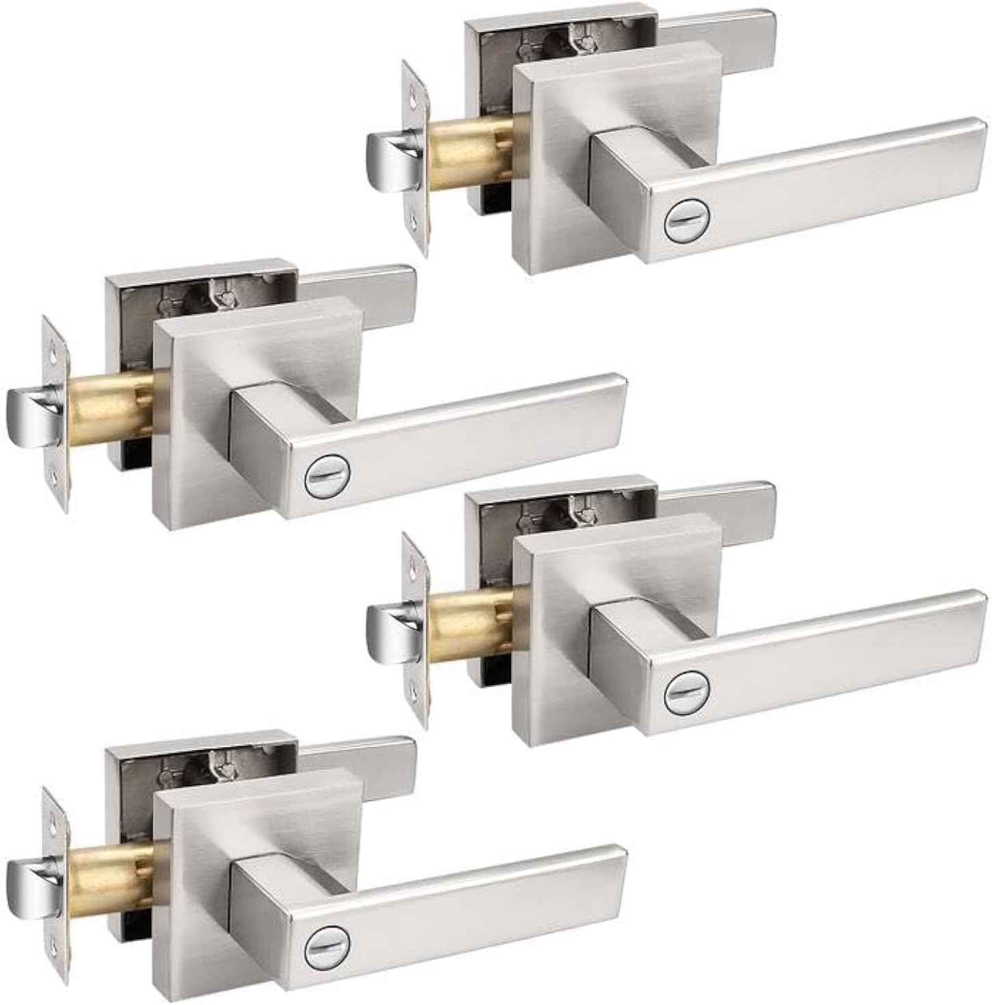 Probrico 4 Pack Square Door Levers Door Locks, Keyless Privacy Handles Locksets Interior Bed and Bath Hardware in Satin Nickel,Heavy Duty Hardware