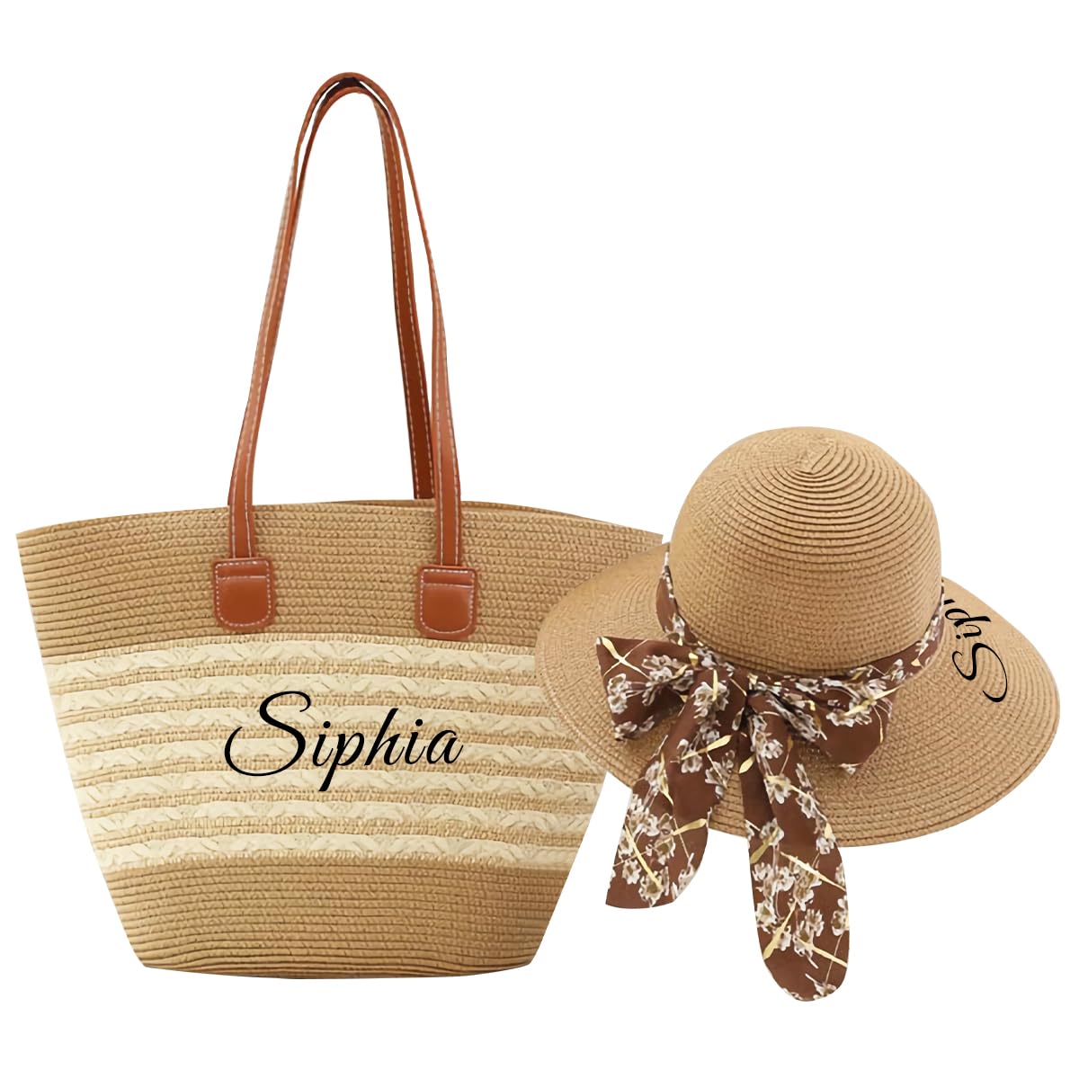 Personalized Custom Womens Summer Straw Hat and Tote Bag Set Custom Foldable Wide Brim Sun Hat