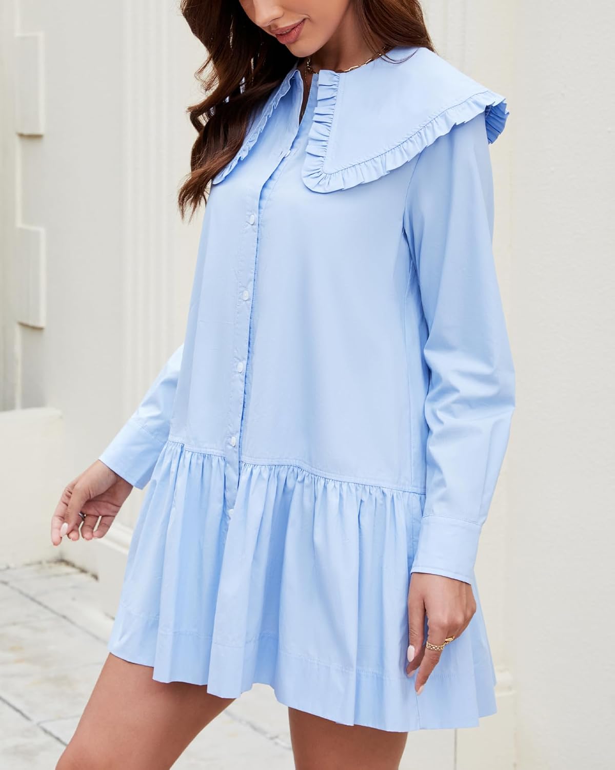 Kedera Women Shirt Mini Dress Button Down Ruffle Dress Long Sleeves Shift Dresses Peter Pan Collar Dresses - Image 2