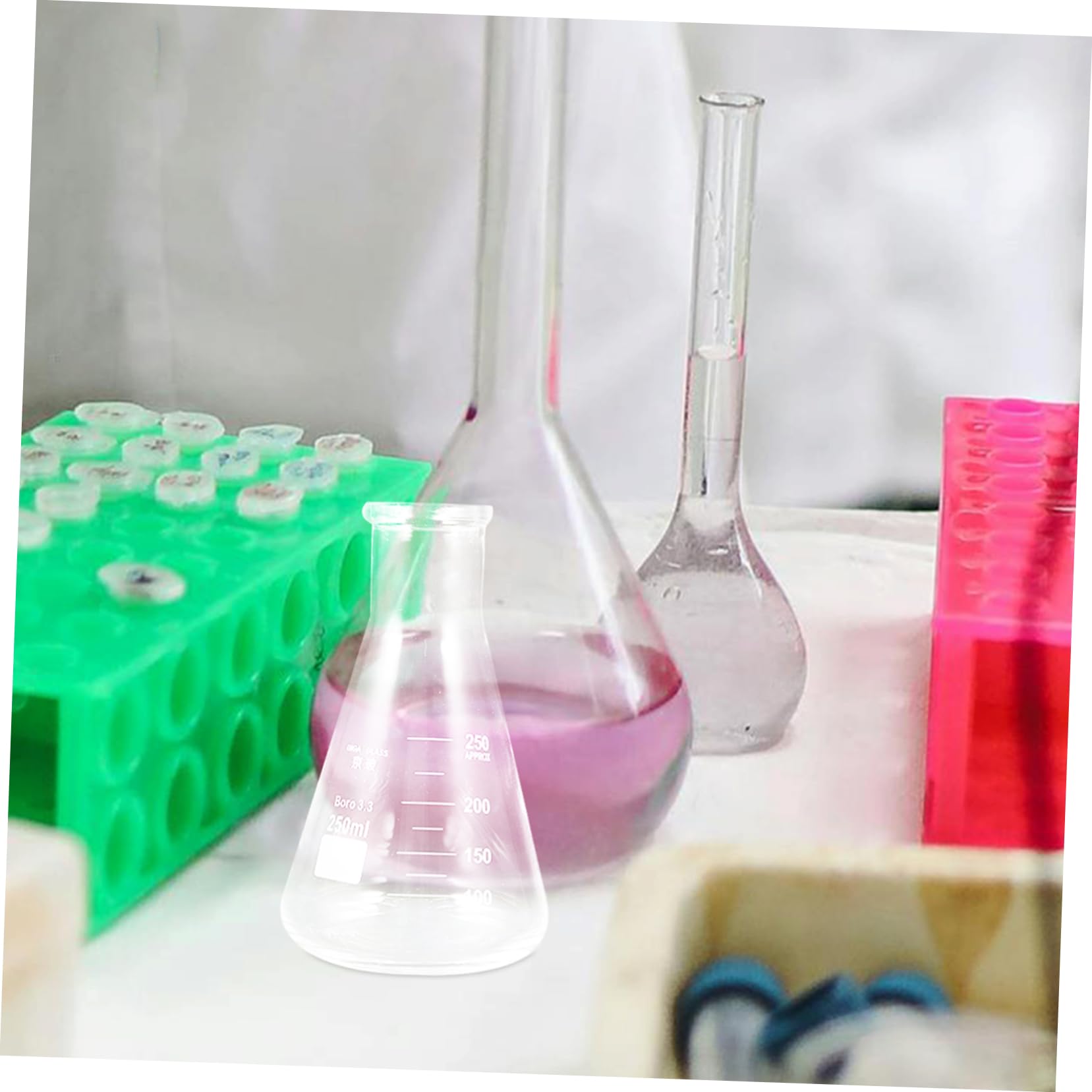 SOLUSTRE Frasco de Vidrio Borosilicato Espesado, 4 Unidades | Cuello Ancho, Forma Cónica y Triangular, Uso en Clase de Química y Escuela, Suministro de Laboratorio