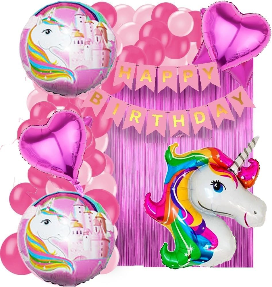 Pop The Party Cute Cartoon Unicorn Birthday Party Supplies with Banner, Children Party Decoration, Children Unicorn Themed Birthday Party Decoration Full Birthday