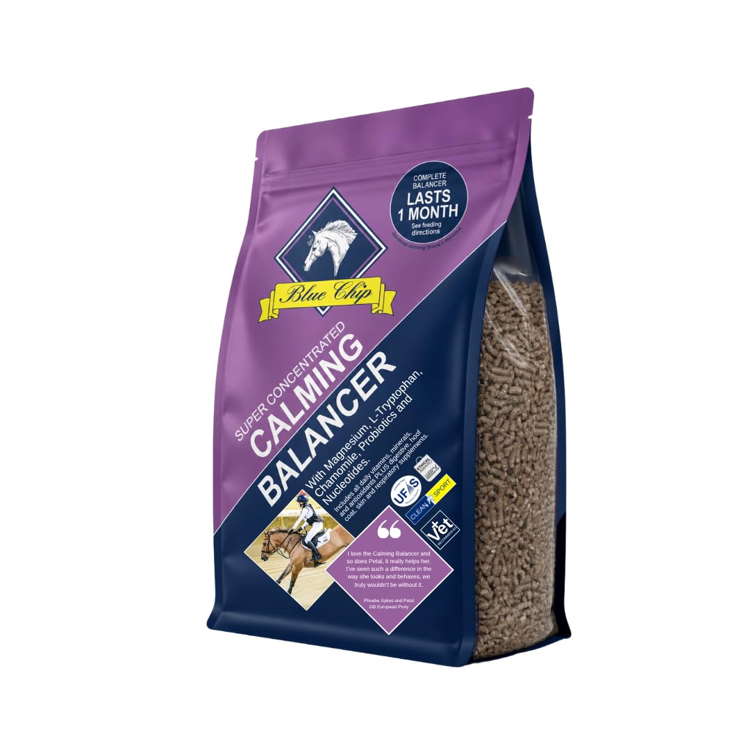Blue Chip Calming Feed Balancer (Super Concentrated) 3kg. Complete & balanced horse feed for calming & to reduce stress with magnesium, chamomile & l-tryptophan, very low starch/sugar, molasses FREE!