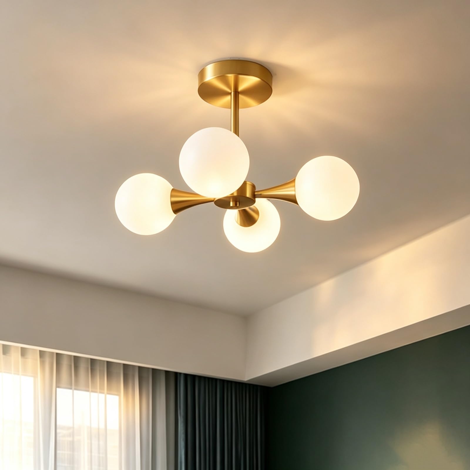 4-light Milk Glass Globe Mid Century Sputnik Chandelier Globe Ceiling Light