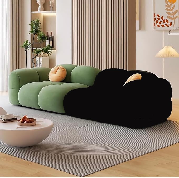 Image of CRAFTCITY Pumpkin Style Wooden Sofa | Contemporary Wool Sofa with Swen Pillow Back for Living Room (Green & Black, 3 Seater)