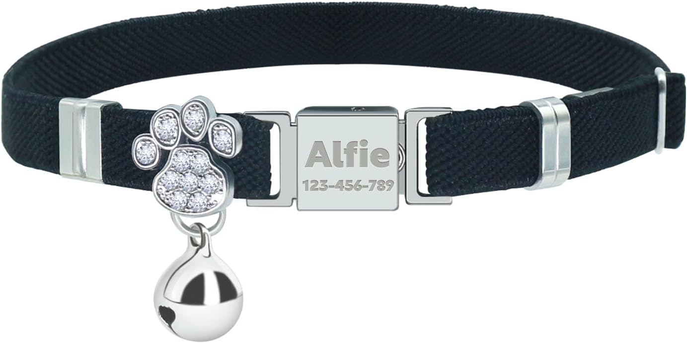 Personalized Safety Elastic Cat Collars with Bell,Laser Customized Stretch Kitten Collars for Girls Boys Cats-Black
