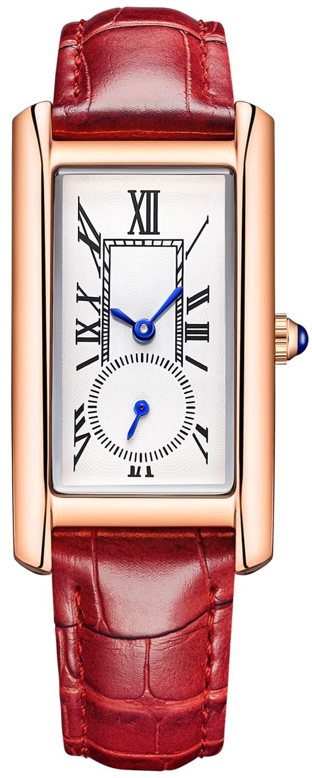 CARLIENWomen Quartz Watch Lady Stylish Rectangle Dress Watch with Leather Strap and Blue Crystal Crown