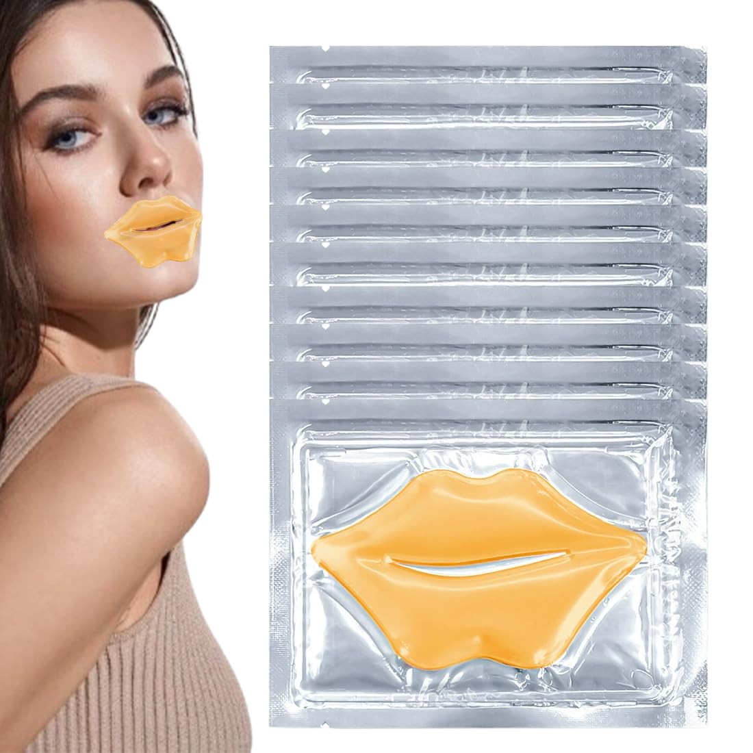 Maschera Volumizzante Labbra, 10 pezzi Lip Plumper, Maschera in Tessuto per Labbra, Idratante, Filler, Rimpolpante, Formula Super Idratante e Rimpolpante, esfoliante labbra, oro