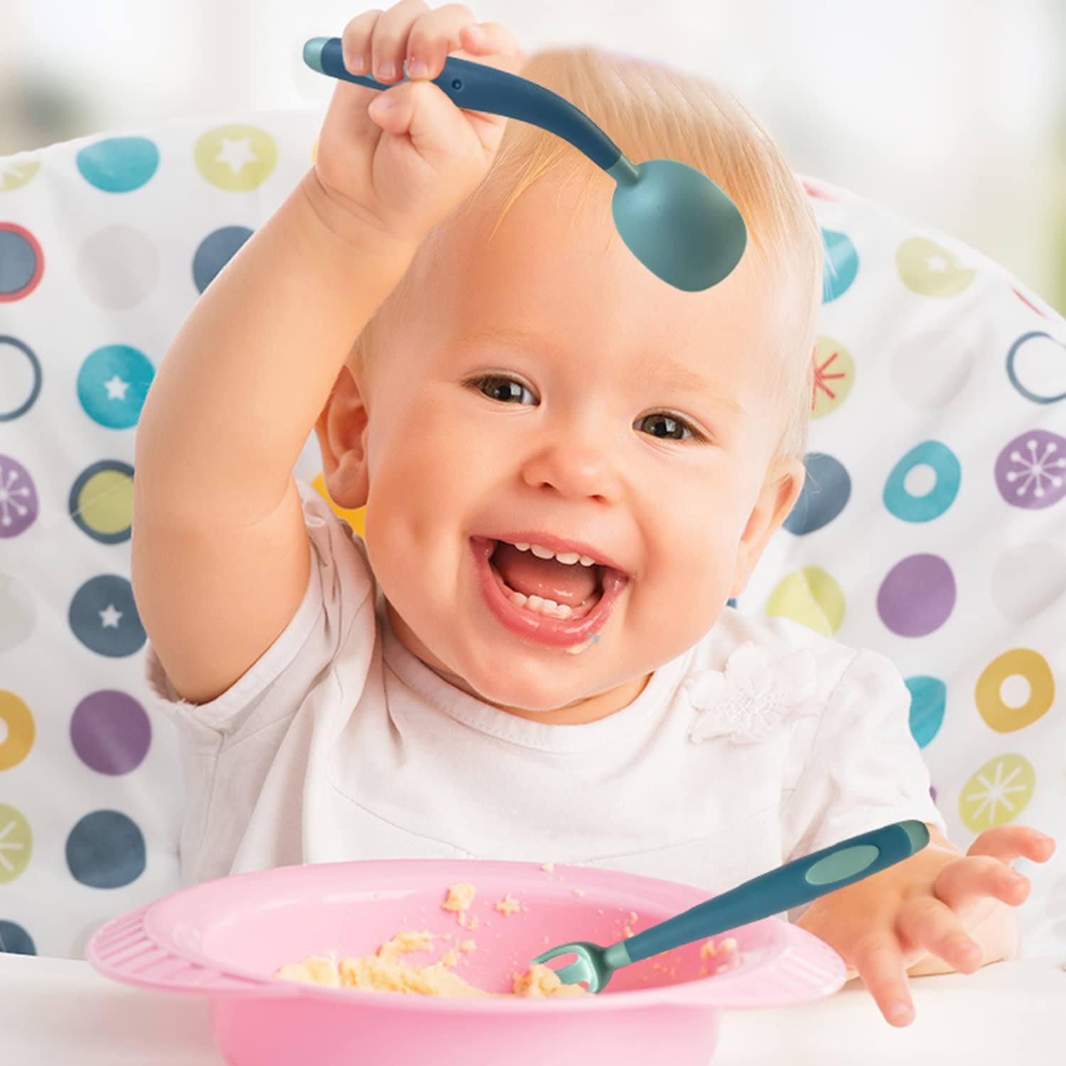 SYGA 2PCS Infant Baby Fork and Spoon Set Baby Feeding Learning Temperature Sensing Kid Utensils Toddler Anti-Choke Self Feeding Accessories (Bendable Twisting Spoon Blue)