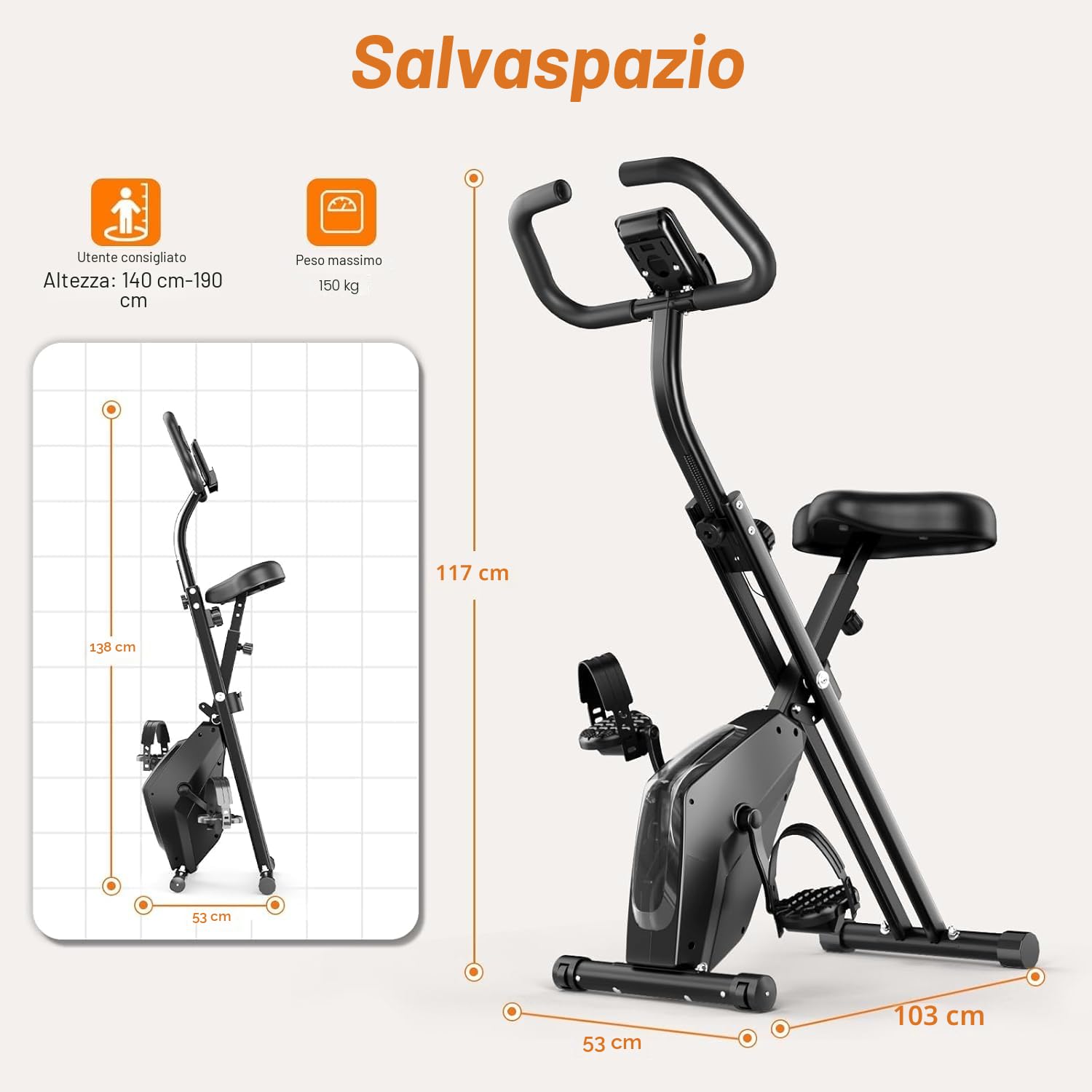 Dskeuzeew Cyclette Pieghevole da Casa, Bicicletta da Interno Silenziosa con Schermo LCD e Delle Pulsazioni, Bici da Fitness Magnetica con 16 Livelli di Resistenza, Capacità Max 150KG