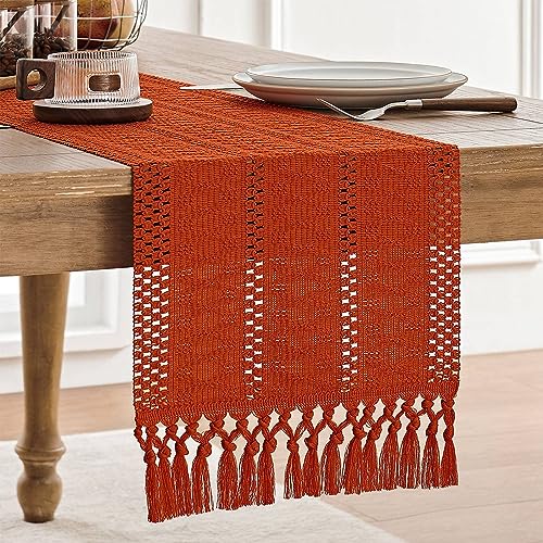 Image of ZeeMart Macrame Style Boho Table Runner, Burnt Ochre Fall Table Runners 48 Inches Long, Farmhouse Woven Home Decor, 12x48 Inch, Dark Orange