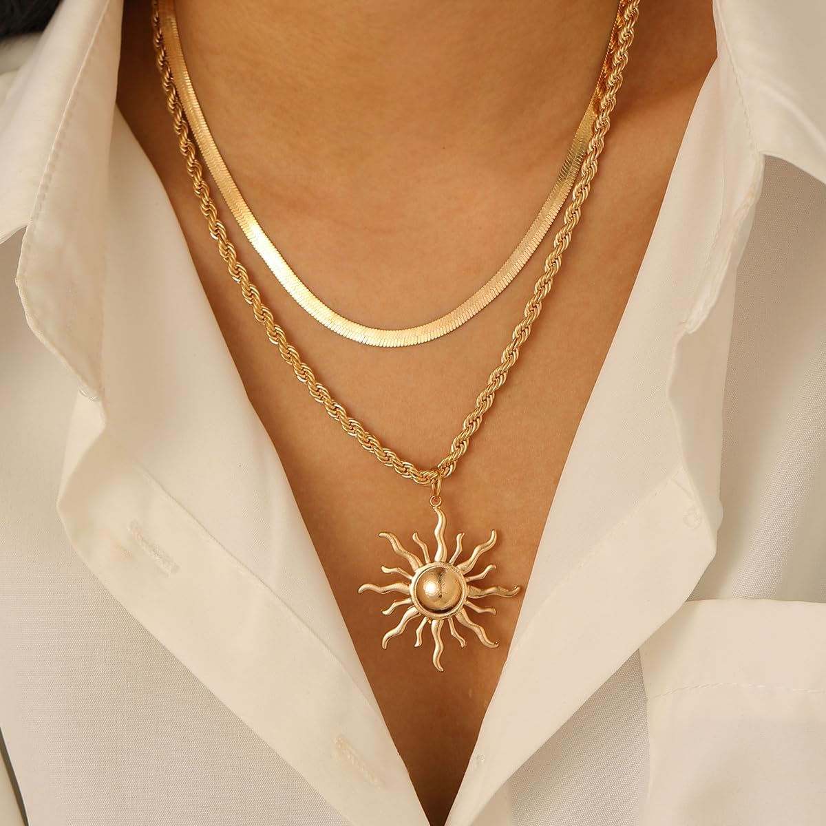 Gold Sun Pendan Necklace for Women Trendy Charm Choker Adjustable Double Layered Snake Chain Necklace Vintage Stacked Sun Collarbone Chain Necklaces Statement Jewelry for Women - Image 2