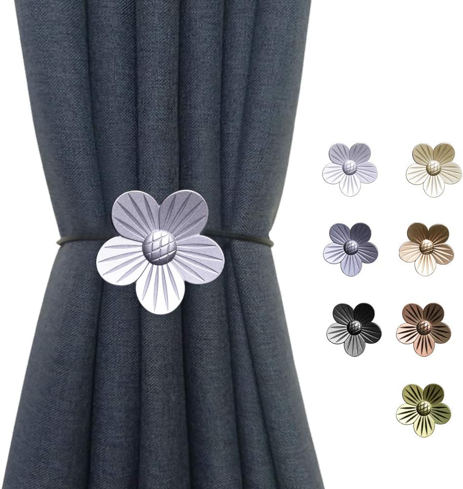 DEZENE Magnetic Curtain Tiebacks Holdbacks: Pack of 4 Rust-Proof Metal Flower Magnet Drapery Tiebacks for Indoor Window, Outdoor Patio, Silver, 16 Inch Long