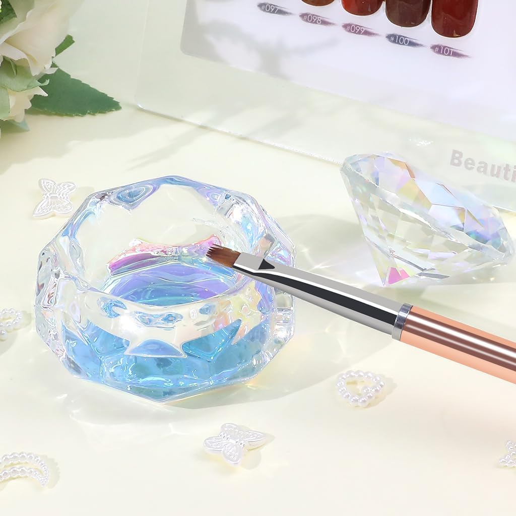 Nail Dappen Dish with Diamond Lid, Acrylic Liquid Powder Dappen Monomer Cup, Clear Glass Crystal Acetone Bowl, Acrylic Nail Brush Cleaner Holder, Nail Tech Must Haves(Colorful)