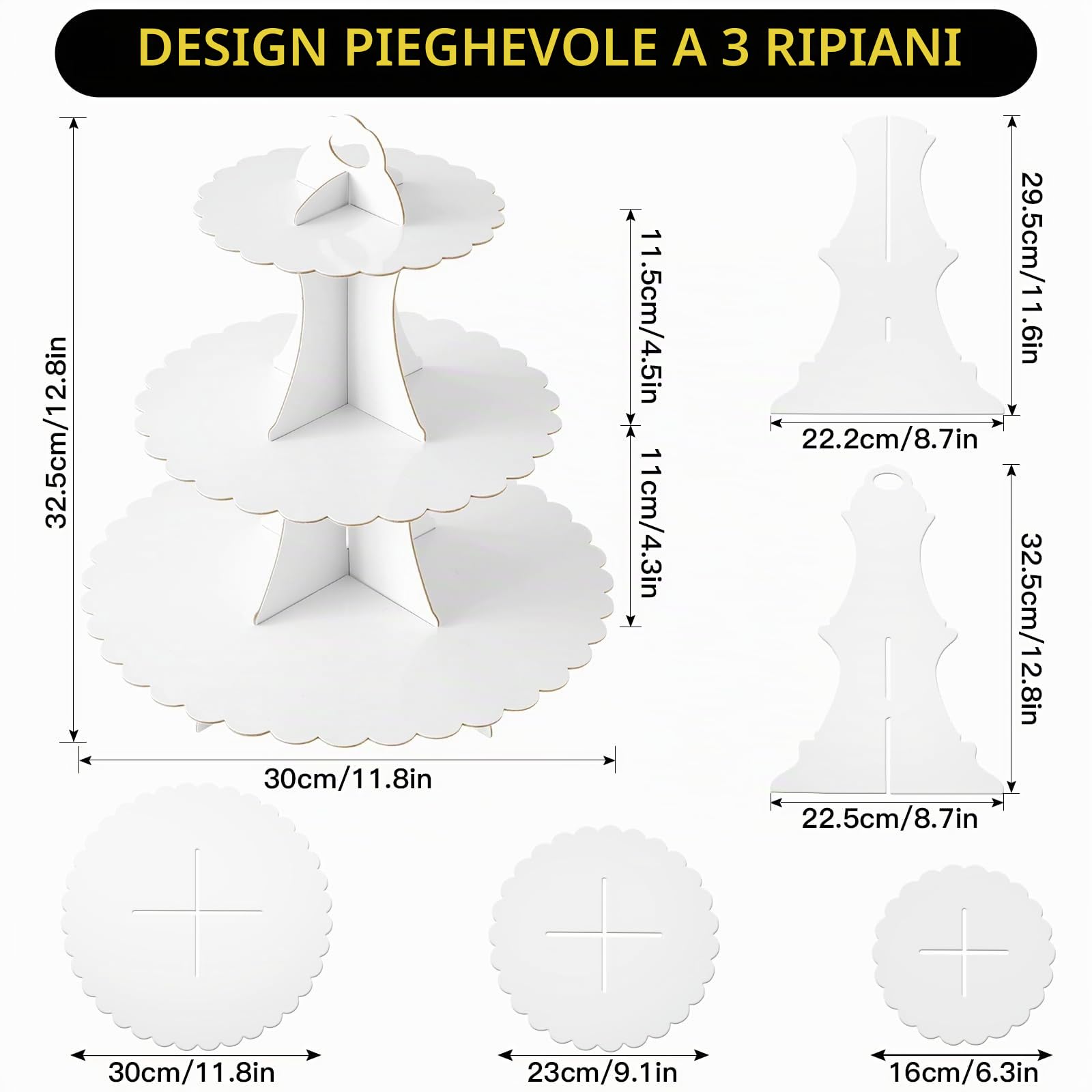 Soleebee Supporto per torta in cartone, supporto per cupcake a 3 livelli, supporto per torre da dessert, supporto per muffin, forniture per feste per compleanno, matrimonio, festa, torte, panini