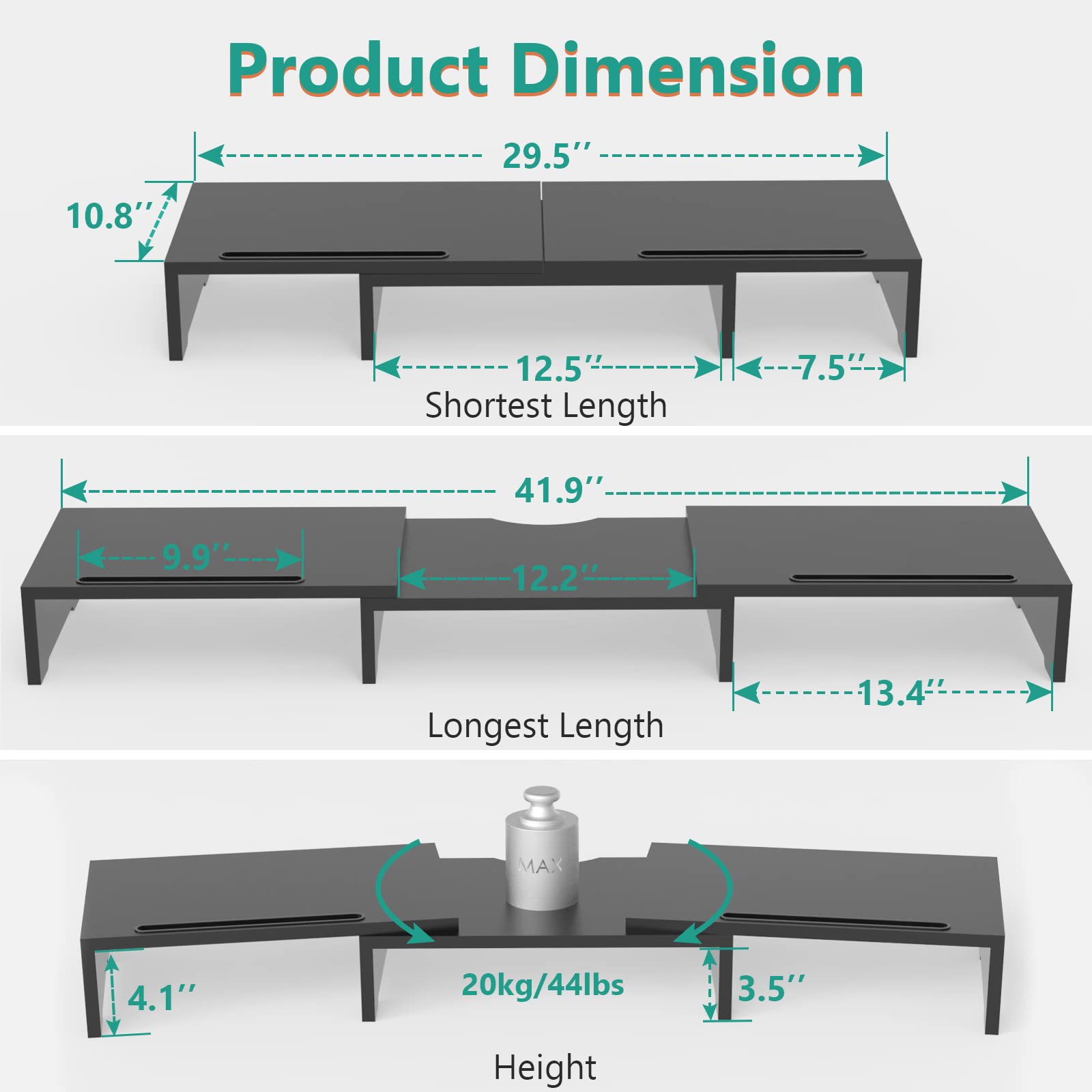 WALI Dual Monitor Stand Riser, 3 Shelf Laptop and Computer Monitor Stand with Phone Holder, Length and Angle Adjustable Desk Organizer (PTT007T-B), Black view 3
