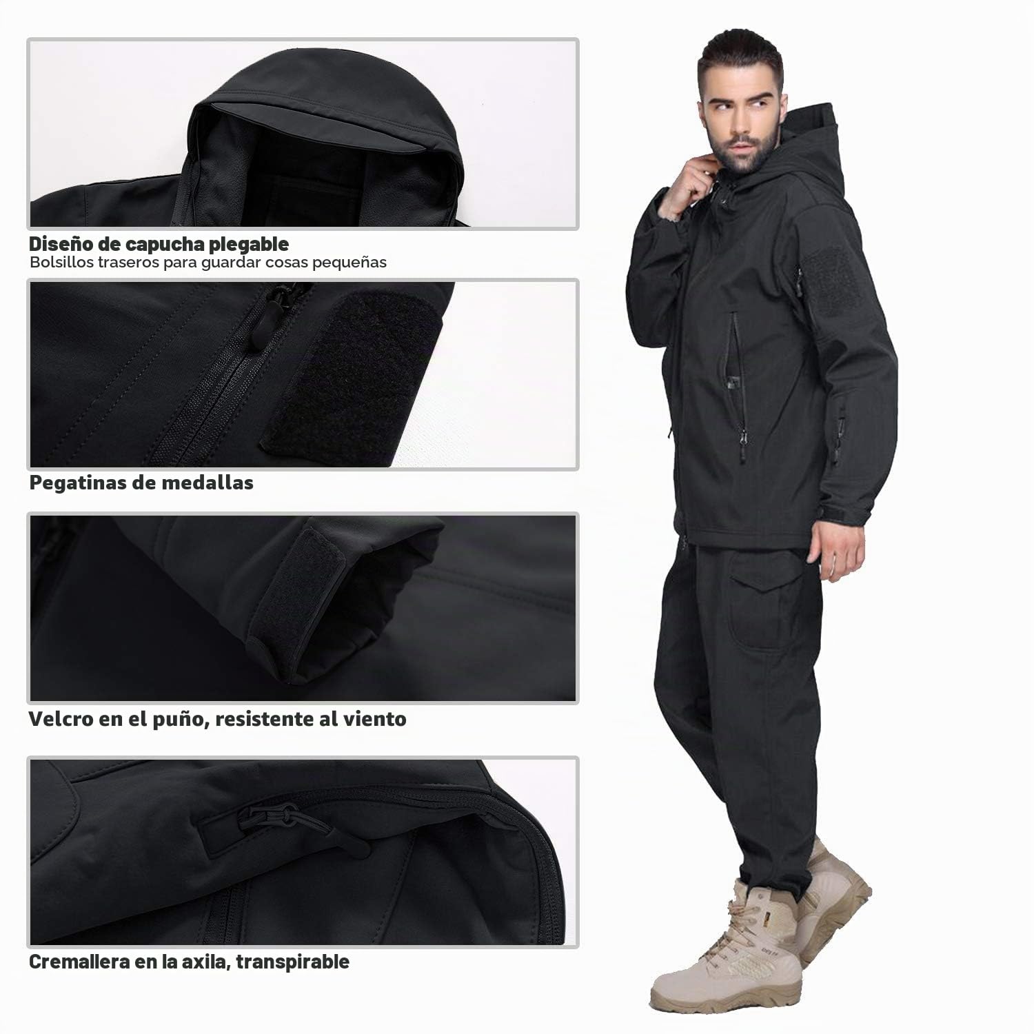 Hombres Chaquetas Militar Táctico Impermeable Softshell Vellón Invierno al aire libre Sudadera con capucha