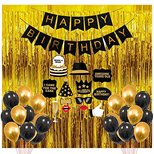 Image of Party Propz Happy Birthday Paper Decoration Items - 41Pcs For Black, Golden Balloons Banners Foil Curtain Photo Booth Props / Birth Day. Decerations / Decorations Items For Room