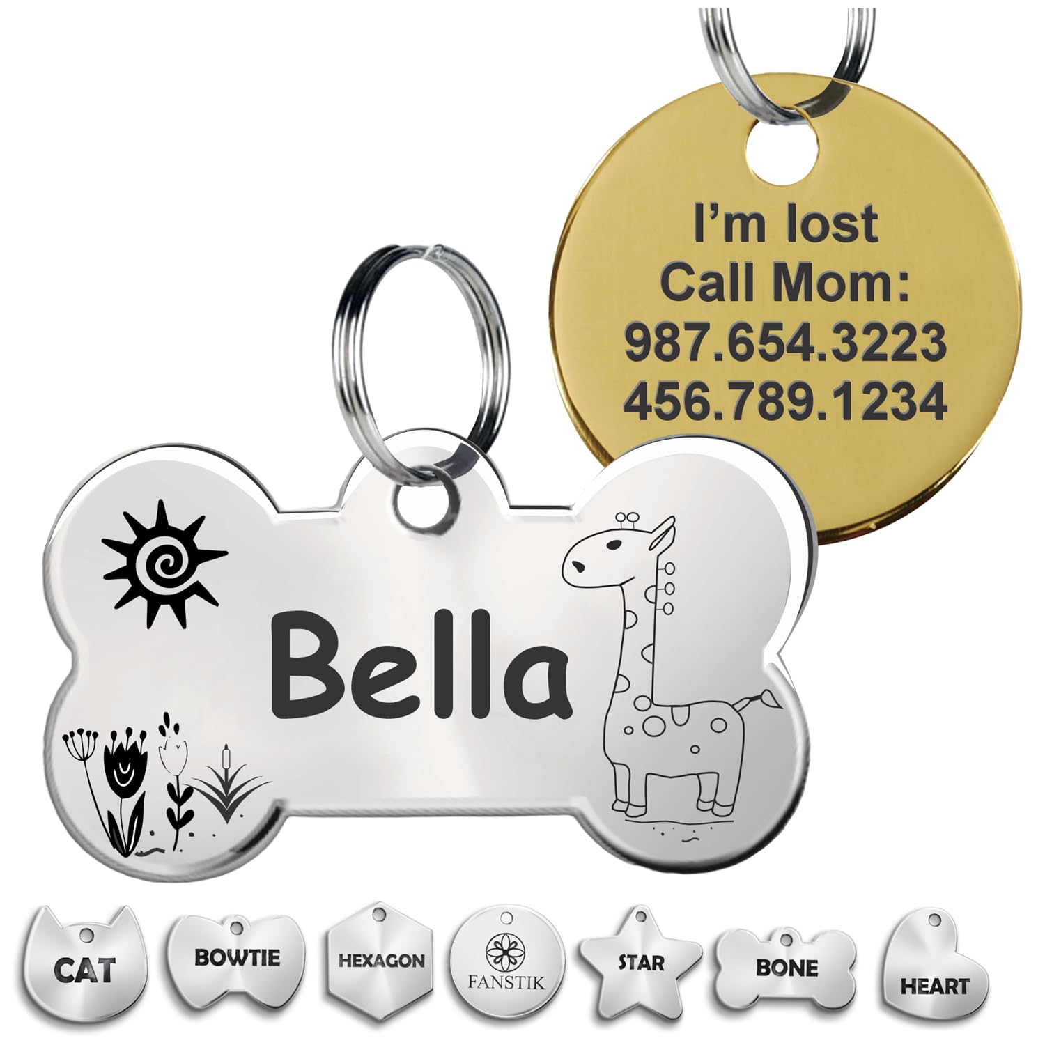 FANSTIK Engraved Pet ID Tag (Made in USA) Large Size, Customized Dog Tags, Personalized Cat Tags, Stainless Steel, Different Shapes Sizes and Design (