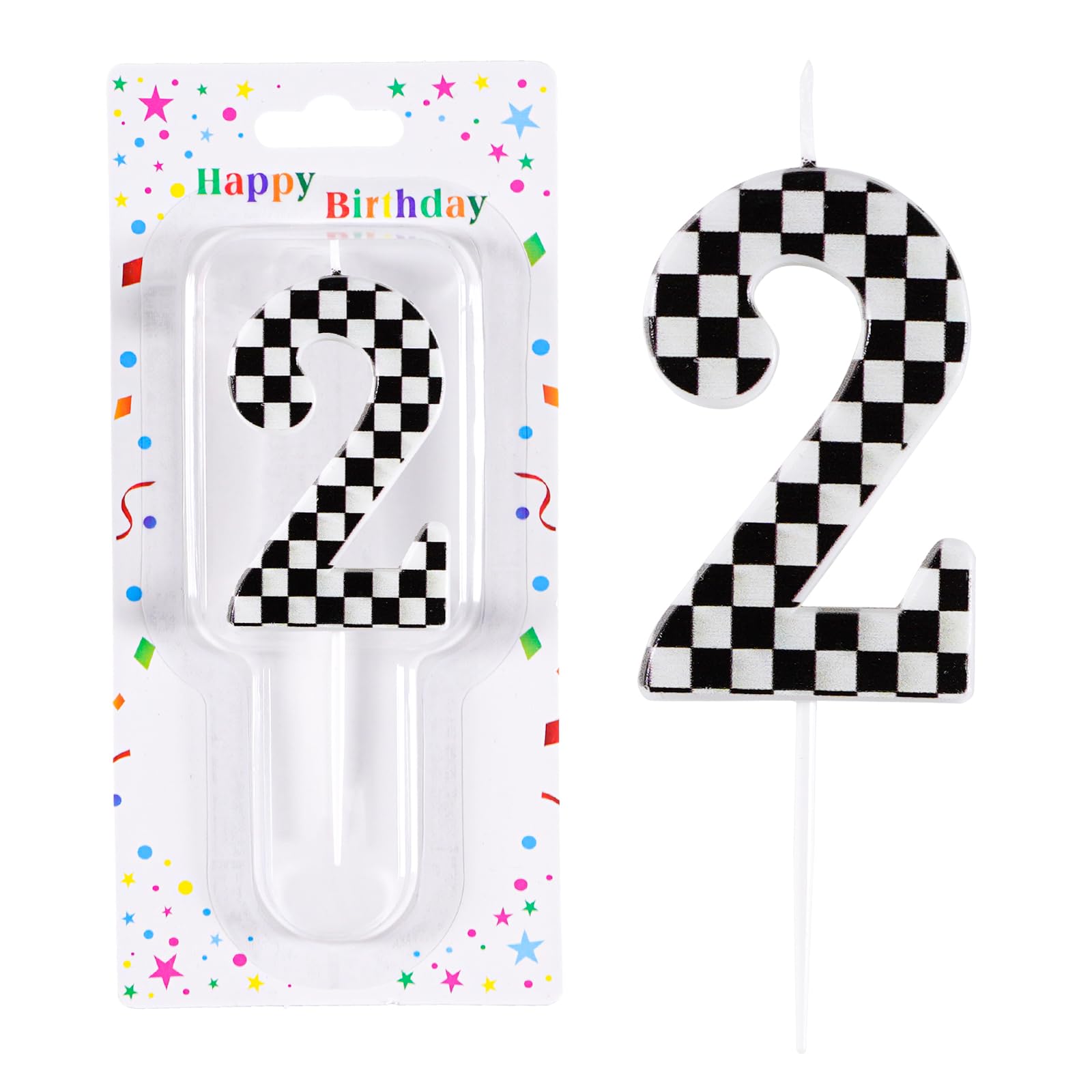 Racing Car 2nd Birthday Candle, Black and White Stripes Number 2 Cake Candle Birthday Cake Topper for Racing Car 2nd Birthday Party Decorations