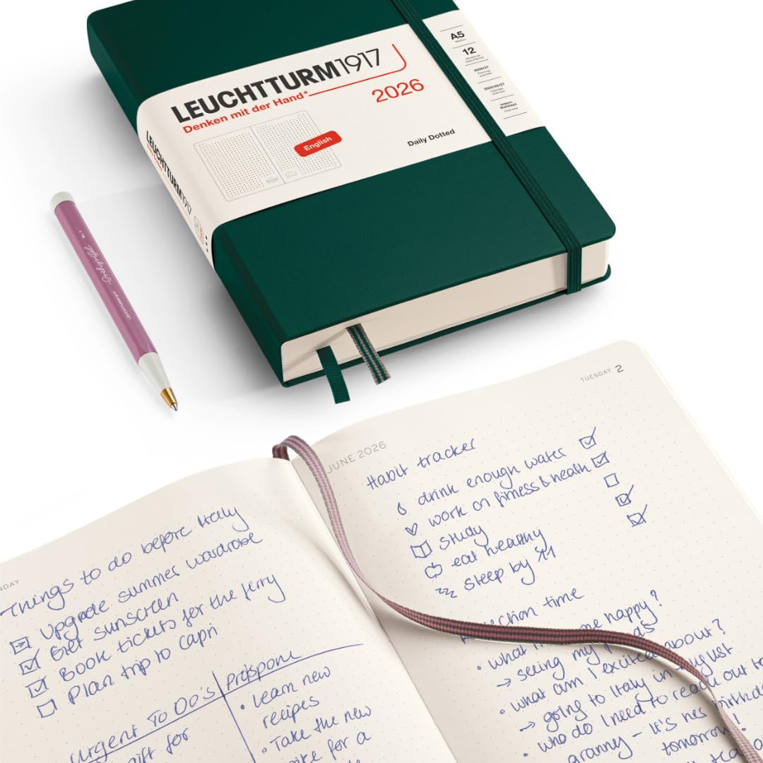 LEUCHTTURM1917 372780 Agenda giornaliera Dotted Medium (A5) 2026, Nero, Inglese