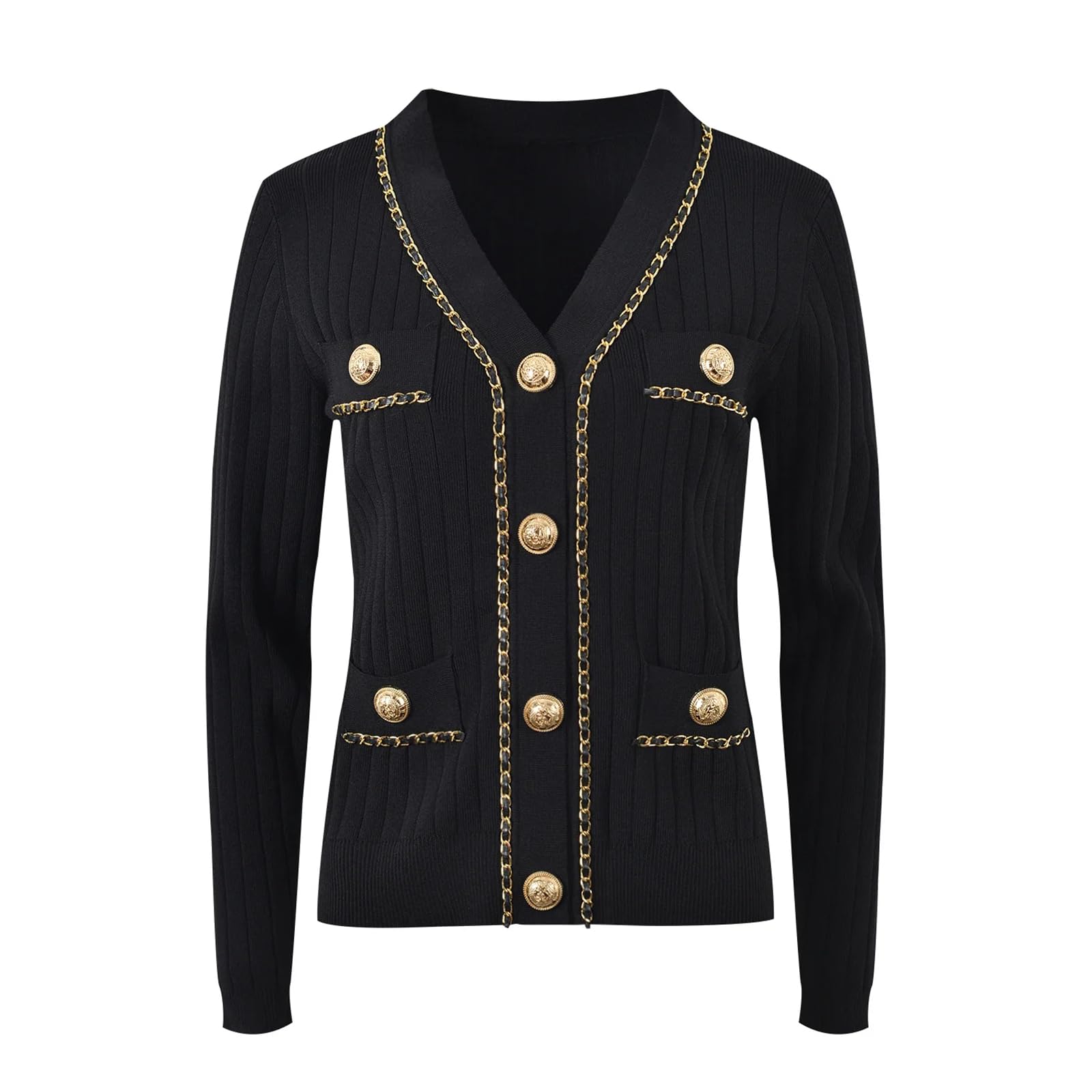 Women's Cardigan Sweater Long Sleeve Knit Top Chain Patchwork V Neck Sweater