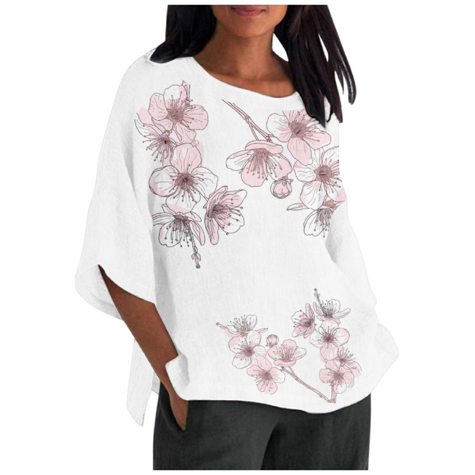 Womens Summer Tops Fashion Floral 3/4 Sleeve Crewneck Basic Shirts Loose Fit Tunic Tops Dressy Casual Blouses