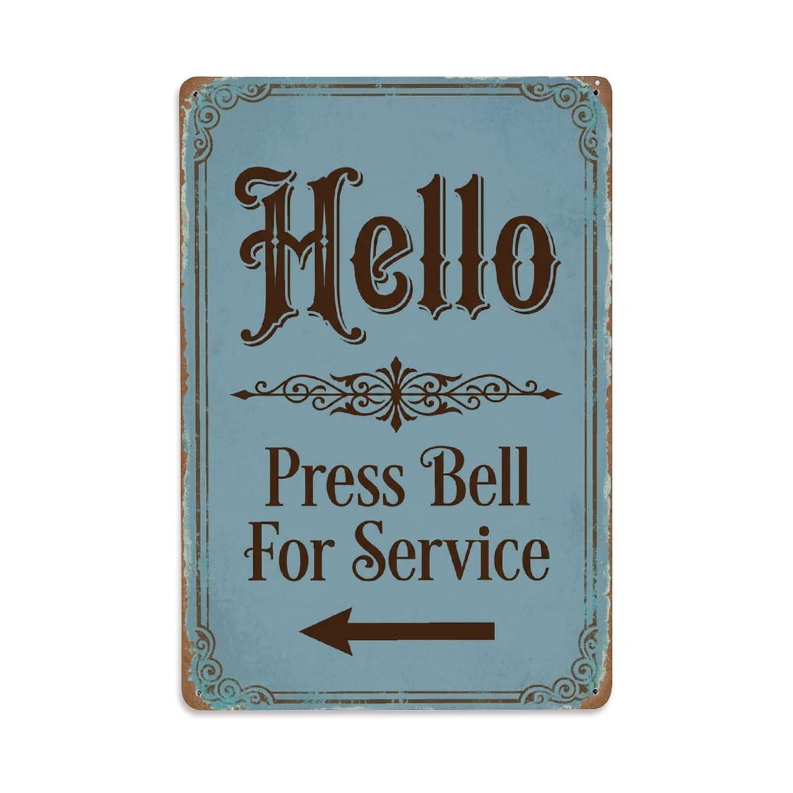 Vintage Hello Press Bell For Service Arrow Ornate Metal Tin Sign