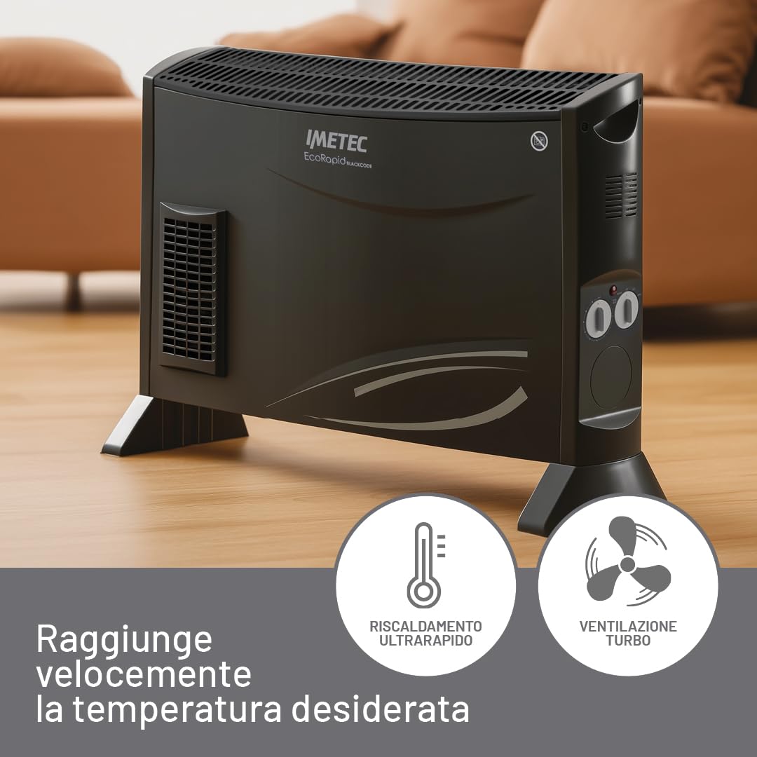 Imetec Eco Rapid Black Code Termoconvettore - Stufetta Elettrica a Basso Consumo con Modalità ECO -40% di Energia - 2000W, 4 Temperature, Riscaldamento Rapido, Termostato di Sicurezza, Silenzioso
