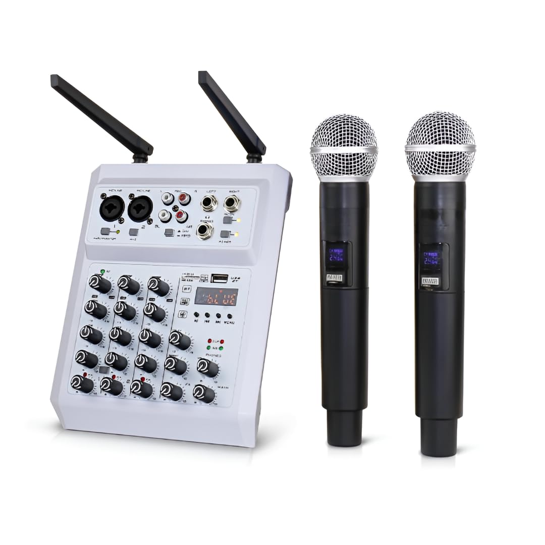 kh Mini Mixer with 2 Wireless Microphones, 4 Channel Audio Interface Bluetooth, USB, PC Connection, Karaoke Mixer with Echo Delay Effects Stereo Output for MP3 Recording DJ Home Studio-image-20