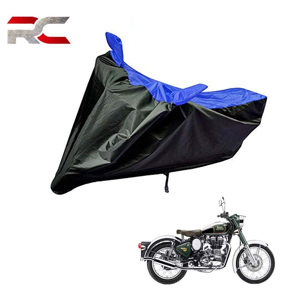 Riderscart 100% Waterproof, Dustproof & UV Protection Bike Cover with Mirror Pocket and Storage Bag Body Covers for Royal Enfield Classic Chrome 500 - Black & Blue