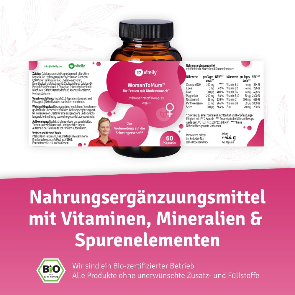 WomanToMum® Kinderwunsch-Tabletten + 5 Schwangerschaftstests I 14 hochdosierte Nährstoffe I 60 Kapseln