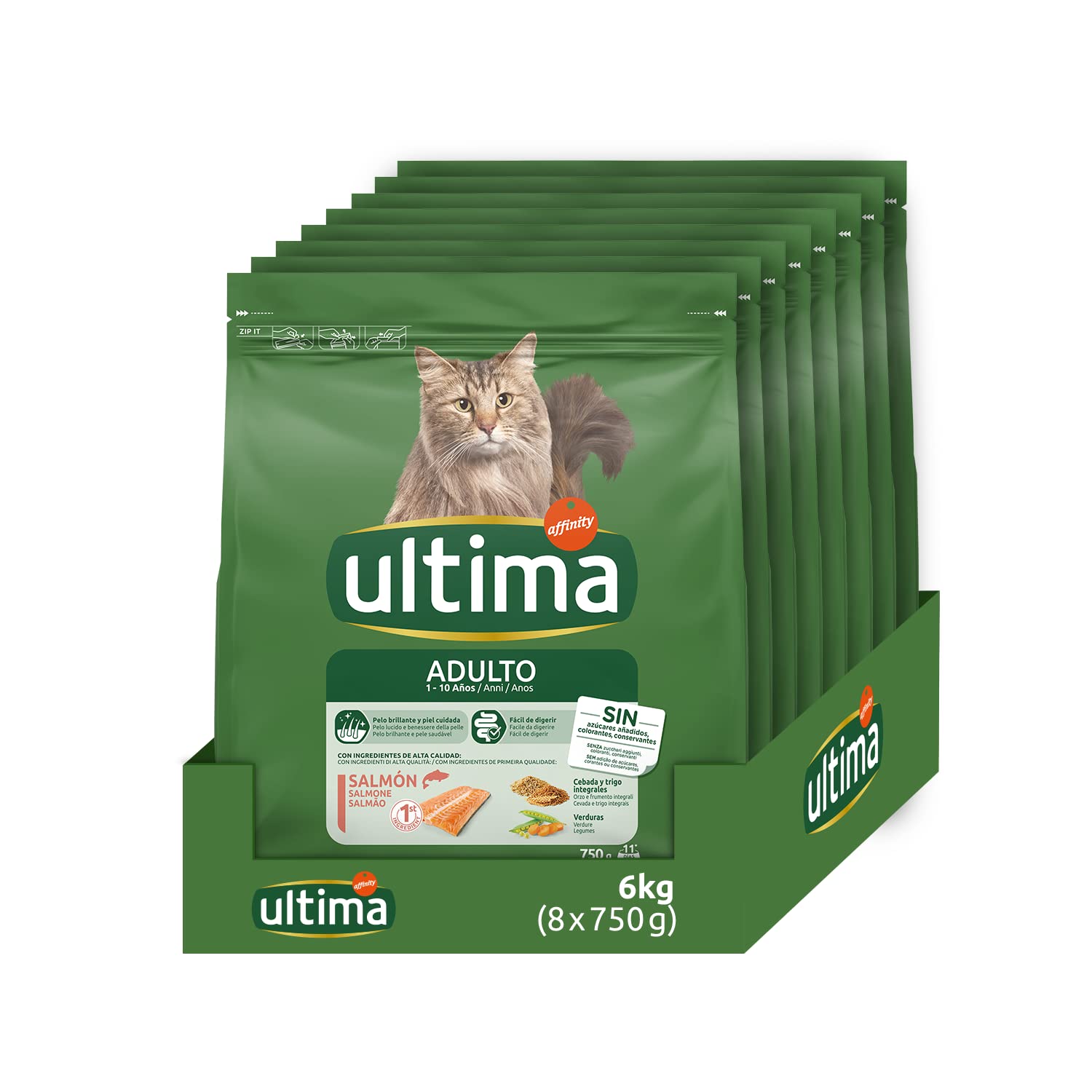Ultima Adult Salmón, Comida seca para gatos, Pack de 8 x 750g, Total 6kg