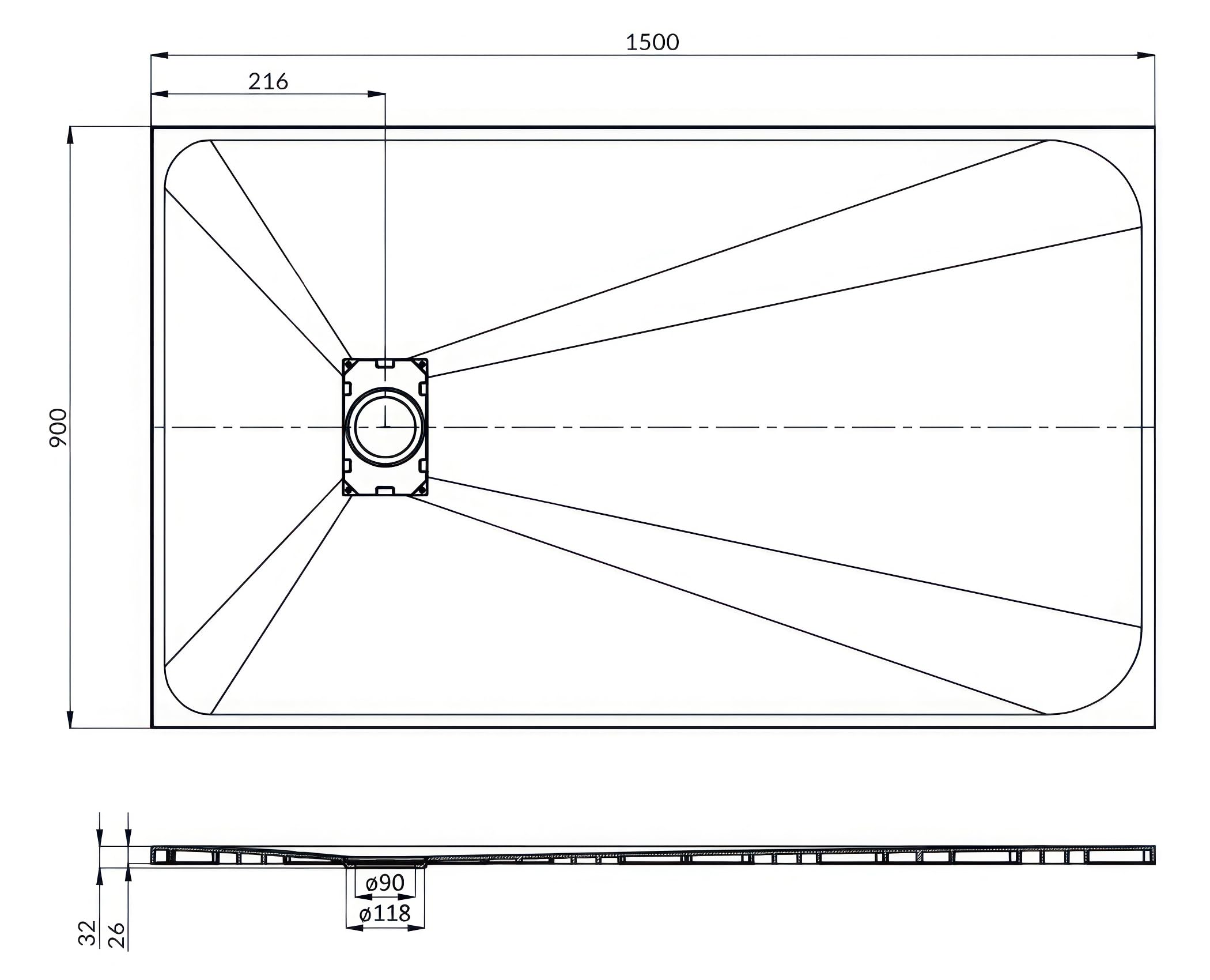 KOLMAN Duschwanne 150x90 cm Rechteck, Weiß, Komposit, Flach, Steinoptik, Ablaufgarnitur Ø 90 mm, Design-Duschtasse Rechteckig VIDAR SLIM