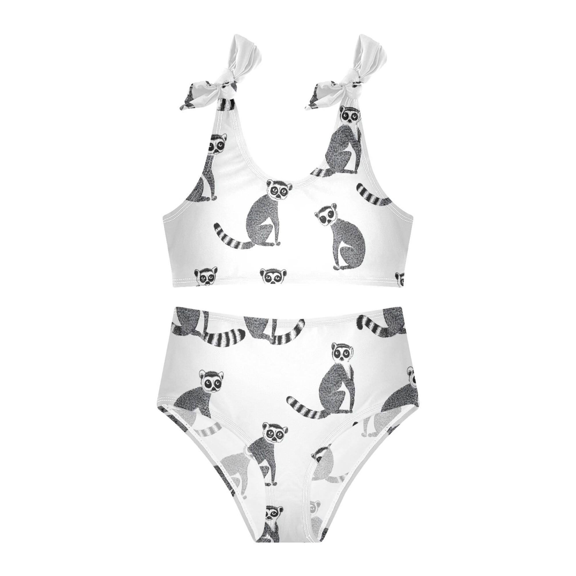 JUNZAN Cute Lemur White Girl Swimsuit 2 Piece Cute Elastic Swimwear Little Girls Beach Surf Suits Athletic 11-12Y