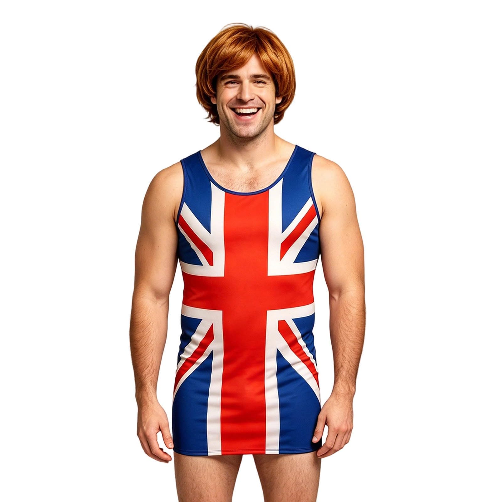 Union Jack Dress for Men Red White Blue 90s Fancy Dress Costume for Adults British Icons Stag Do Outfit for Eurovision Party Retro Pop Star Dress Up B604