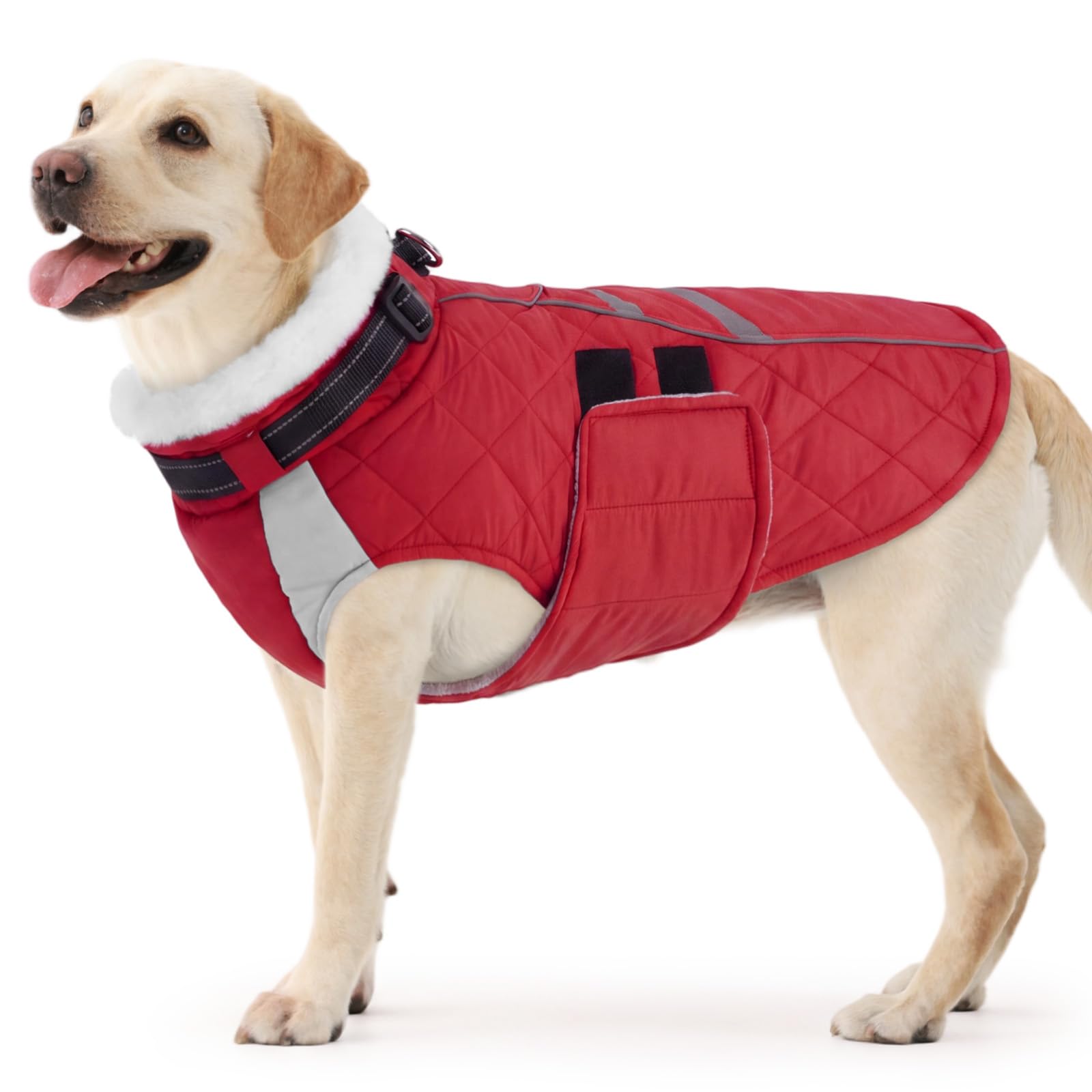 Lelepet Waterproof Dog Coat, Warm Fleece Dog Jacket with Harness, Red, L | Dog Cold Weather Coats for Winter, Reflective Windproof Dog Snowsuit, Dog Clothing for Walking, Snowy Days, Easy On/Off