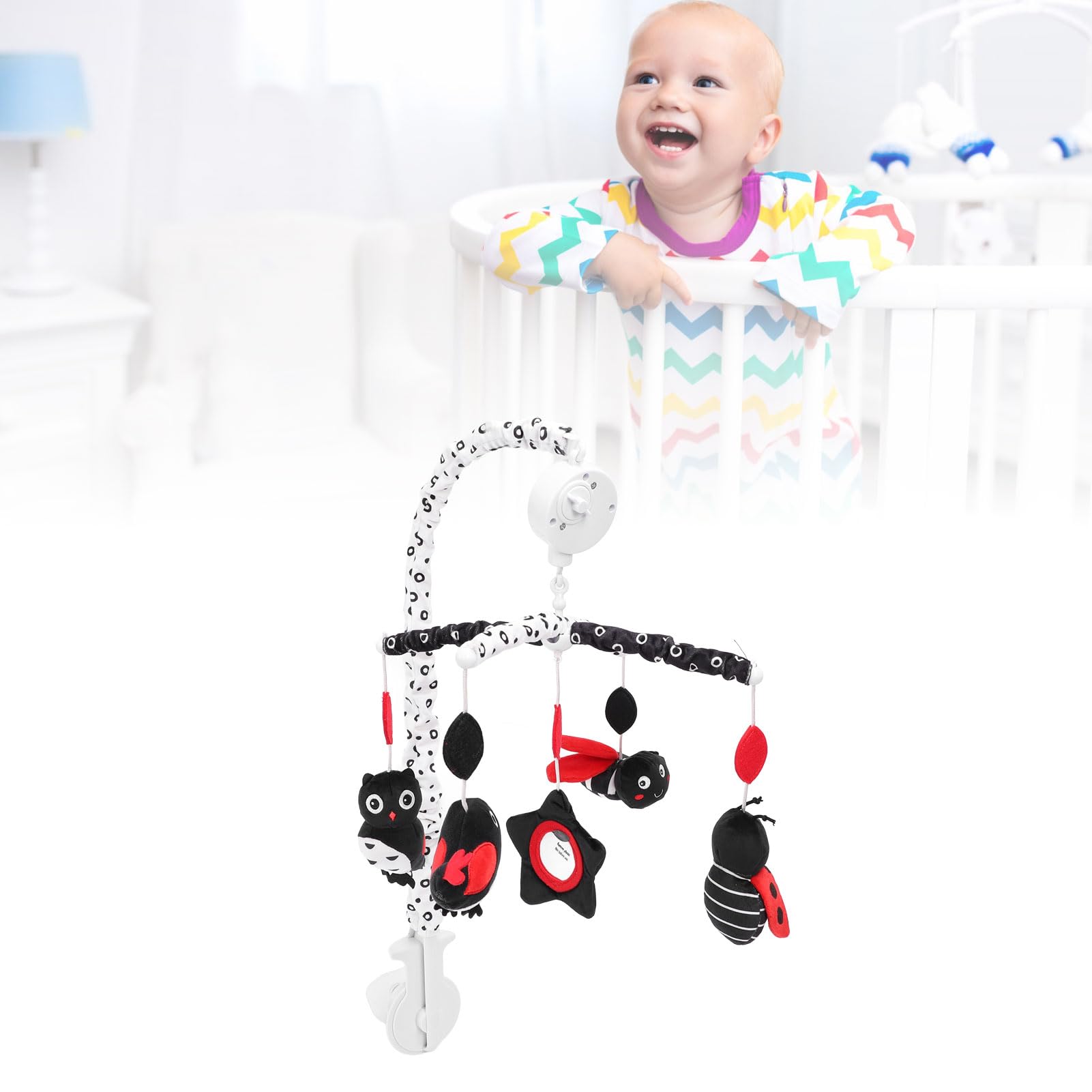Móvil de Cuna de Felpa Suave para Prevenir el Estrabismo, Caja de Música de Juguete para Bebés, Móvil de Cuna Colgante para Involucrar Apoyo Visual, de Musical Negro Rojo para Espacio para