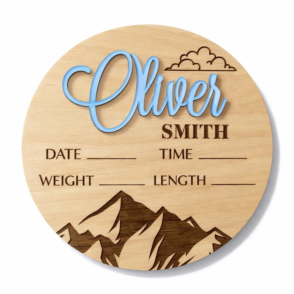 Personalised Baby Announcement Sign with Mountain and Cloud, Custom Name, Baby Birth Stats, Hospital Baby Sign, Newborn Gift, Wood Sign, Photo Prop, Baby Shower Gift, Gender Reveal (Design 5)