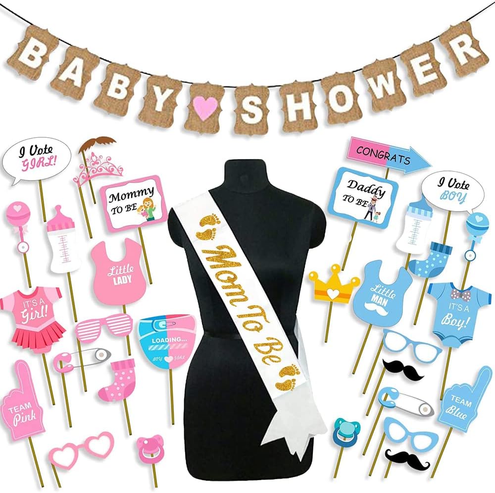 Baby Shower Decorations Props Material Set-31Pcs Paper Bunting, Sash and Photo Booth Props for Maternity,Balloons Babyshower Mom to Be Photoshoot Materials Products Items