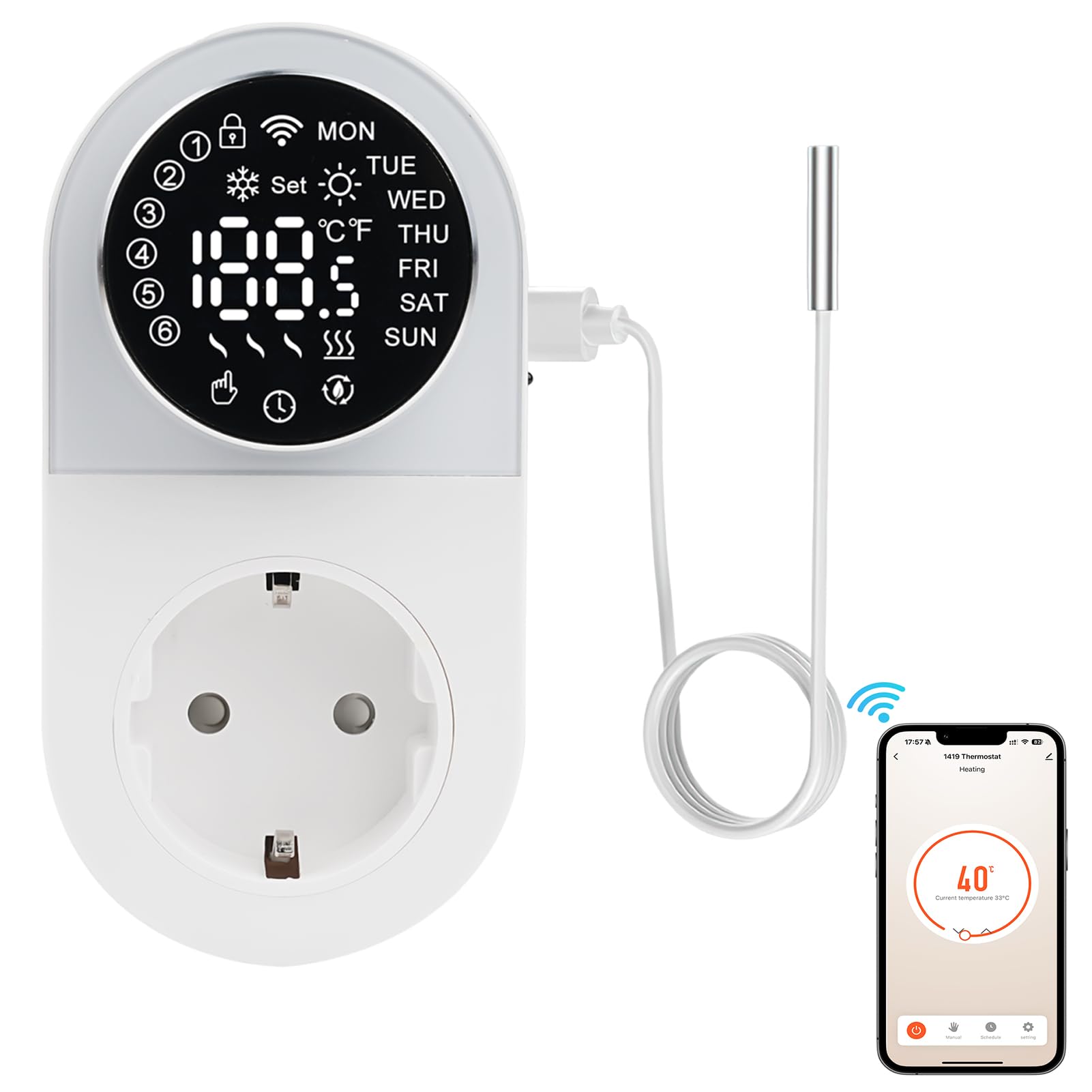 Prise Thermostat connecté WiFi régulateur de température numérique Prise thermostats avec Sonde 16A 220V Écran LED Commutation du Mode de Chauffage Refroidissement pour Serre Incubateur Ventilateur