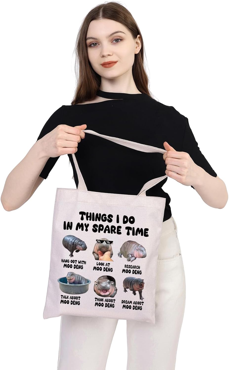 WSNANG Hippo Moo Deng Tote Bag Hippopotamus Shopping Bag Funny Hippo Shoulder Bag Pygmy Hippo Gift Hippo Lover Gift image 2