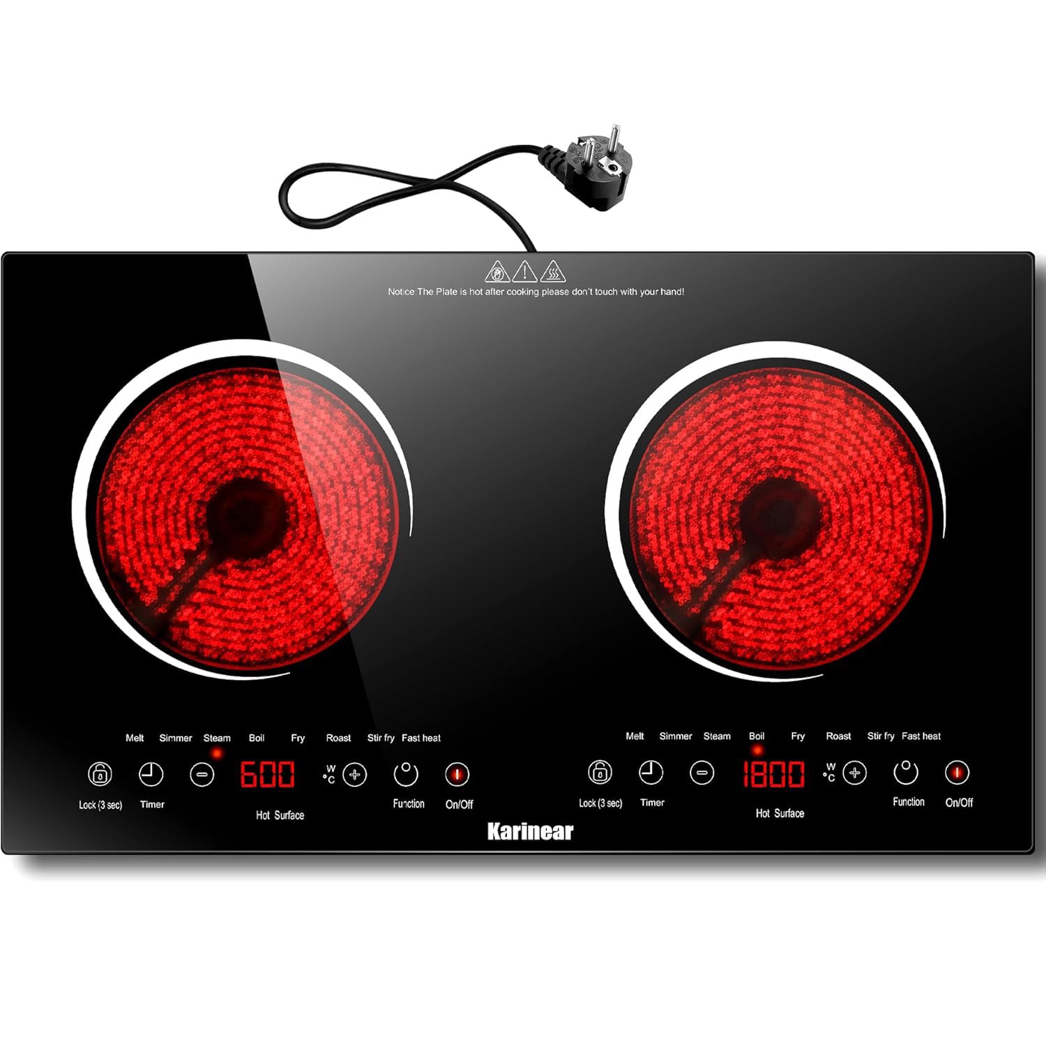 Karinear Plaque Vitrocéramique 2 Feux à Poser, Plaque Electrique Portable 220-240V avec Sécurité Enfant
