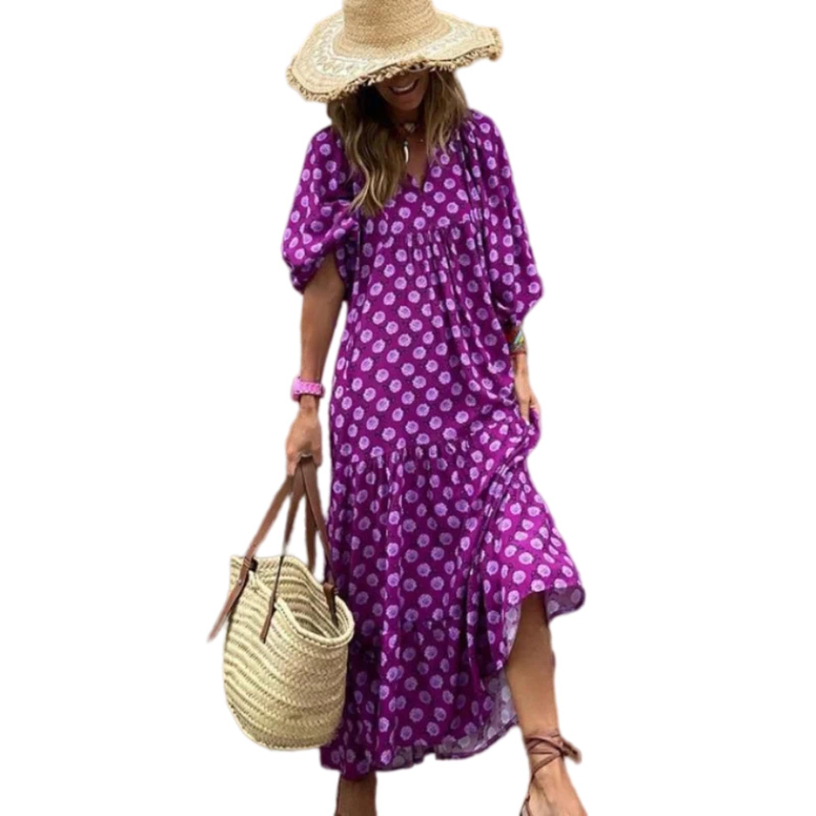Vestido Largo de otoño de Mujer con Escote en Pico, retalches geométricos de Mangas abullonadas, Vestido Estampado Ropa de Mujer de Calle