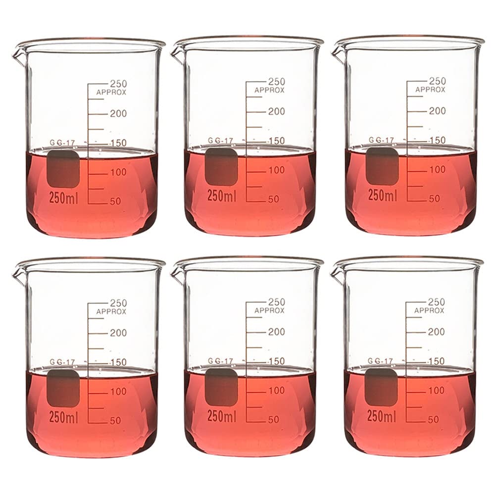 6 vasos de precipitados de vidrio de forma baja, (100 ml, 150 ml, 200 ml, 250 ml, 300 ml) Vaso de laboratorio de borosilicato, vaso de medición de vidrio con graduación y pico vertedor, para laborat